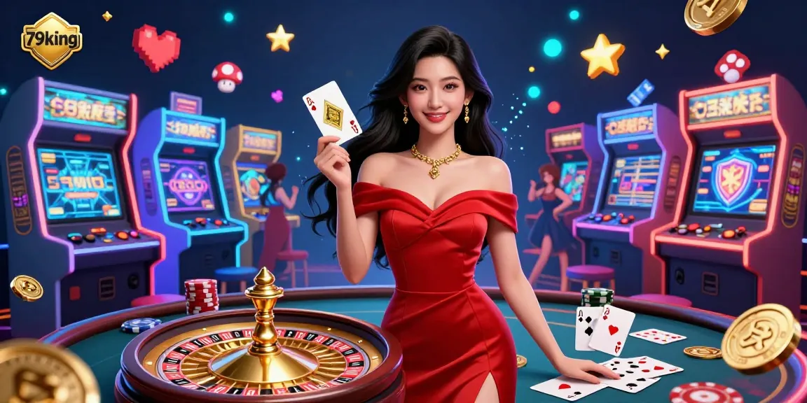 Engage with thrilling games at 79king, showcased by a confident dealer and vibrant casino elements.