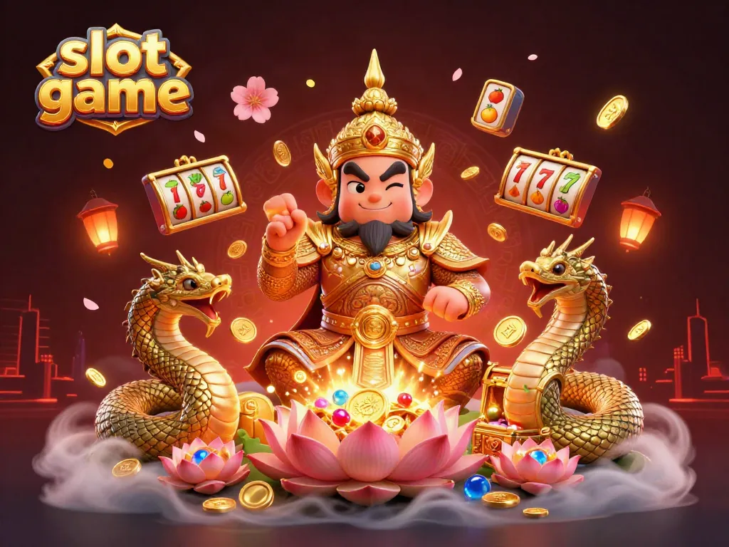 Engage in thrilling slot game action with vibrant 3D illustration of casino elements and characters.