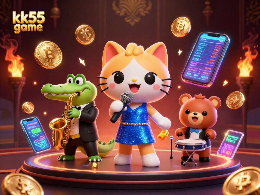 Experience thrilling moments in the kk55 game, where a jazz-singer cat performs on stage amidst vibrant casino elements.