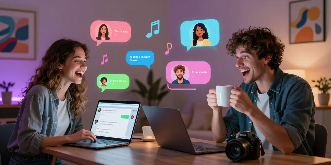 Dynamic interaction showcasing spicy chat AI users laughing and engaging in a vibrant online chat environment.