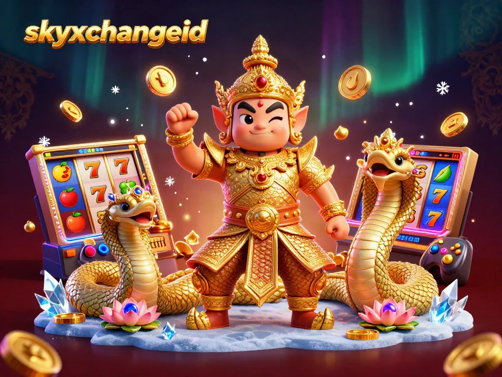 Engage with thrilling gambling action at skyxchangeid with colorful slot reels, guardian characters, and vibrant casino elements.
