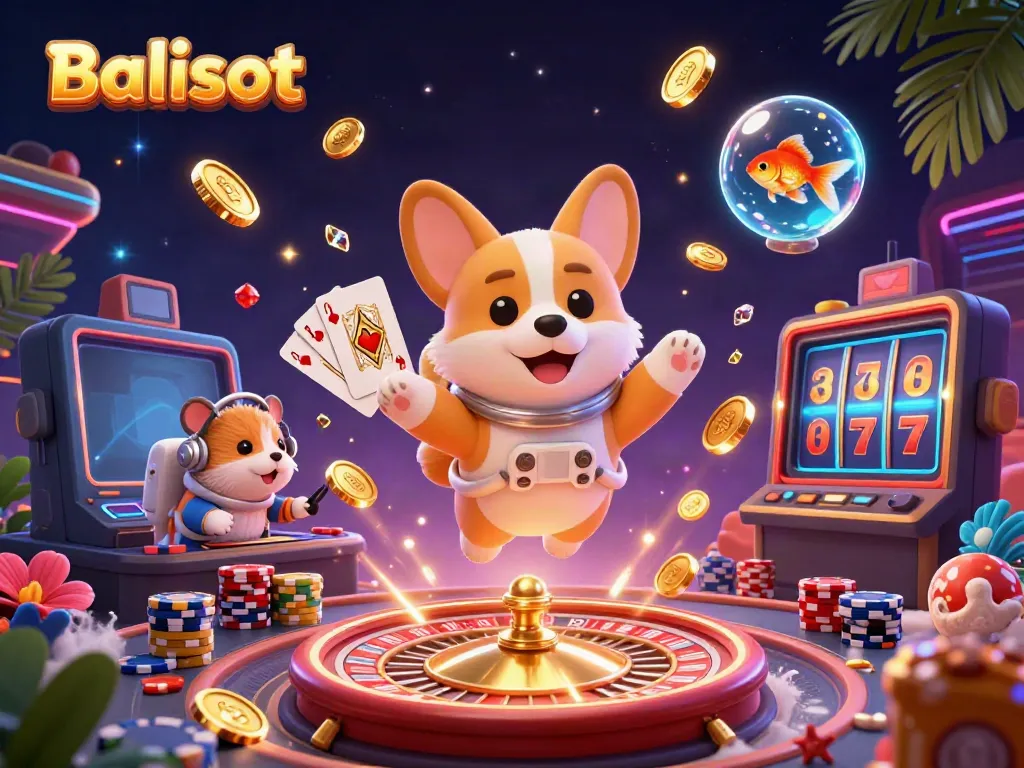 Engage with Balislot's thrilling adventures in a vibrant 3D casino illustration featuring floating coins and interactive characters.