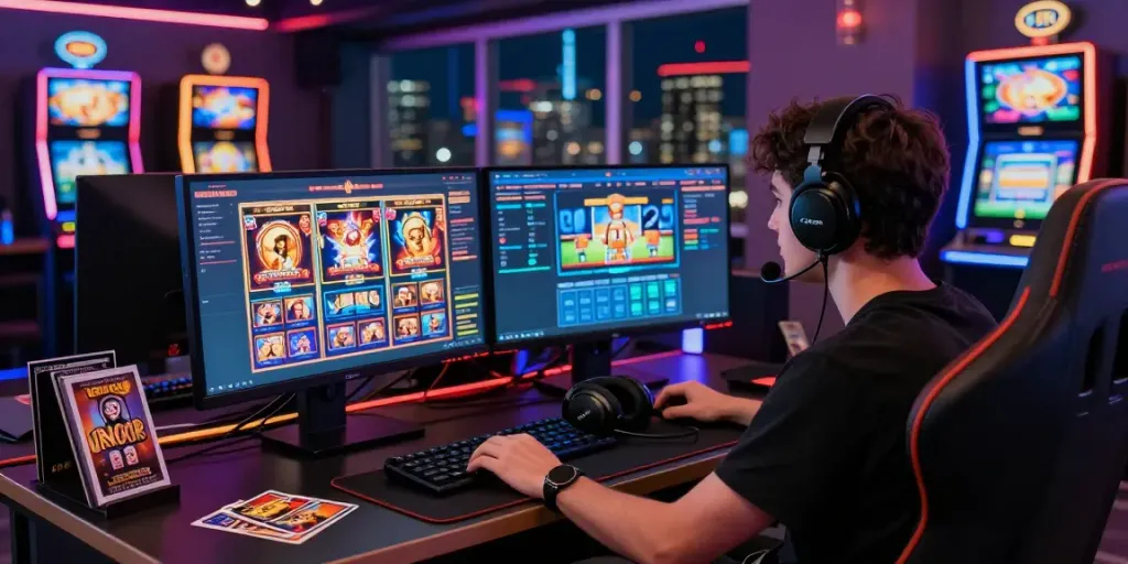 Engaging gaming setup featuring Hotwin88's vibrant online casino interface, dual monitors, and urban skyline at night.