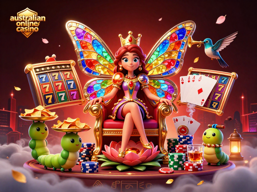 Experience the vibrant world of australian online casino with a butterfly queen and colorful poker elements.