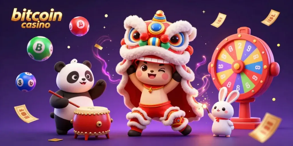 Celebrate at the bitcoin casino with a vibrant 3D scene of a lion dance, colorful games, and festive elements.