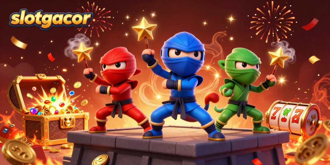 Engage with slotgacor through thrilling ninja chameleons celebrating a jackpot victory in a vibrant casino scene.