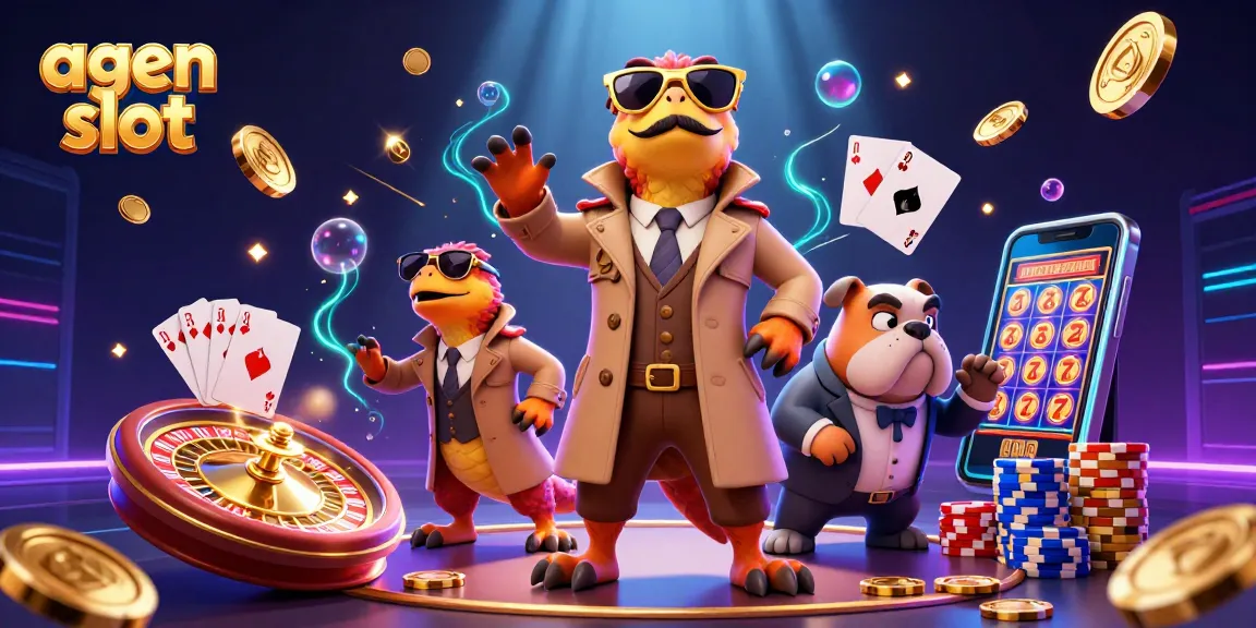 Fitur agen slot dengan karakter kartun unik dalam suasana kasino, pakai lensa emas.