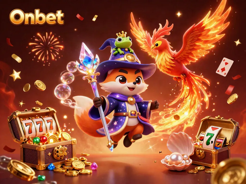 Experience the excitement of Onbet with a mystical fox wizard, sparkling phoenix, and treasure-filled scene.