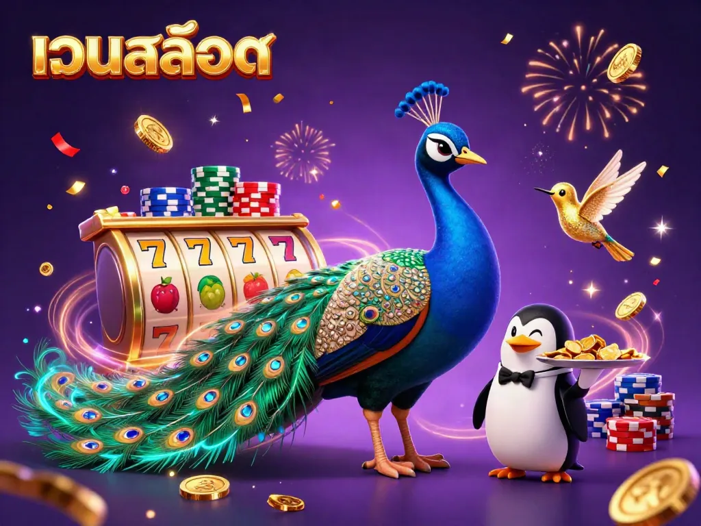 เล่นเว็บสล็อตกับภาพ 3D ของนกยูงและเพนกวินเสิร์ฟชิปทองในคาสิโน