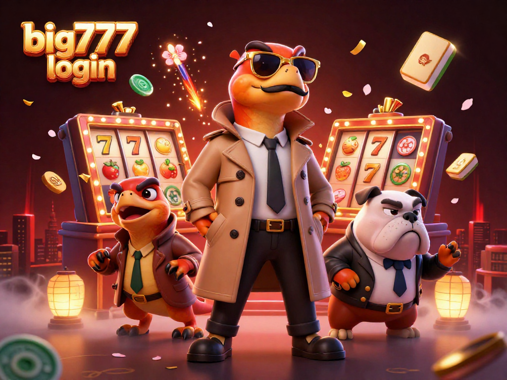 Engage with big777 login to enter a vibrant casino scene filled with animated characters and festive elements.