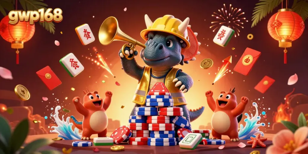 Permainan judi online GWP168 dengan karakter dinosaurus dan elemen kasino, dikelilingi oleh simbol keberuntungan.