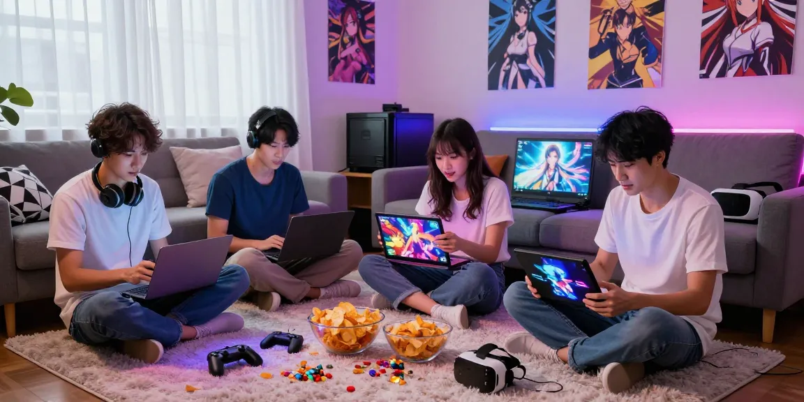 Gamers enjoying hentai games together in a colorful home setting.