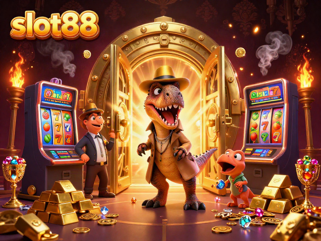 Engage in thrilling slot88 gameplay with a cartoon velociraptor card counter at a slot machine, gold treasure, and dynamic action.