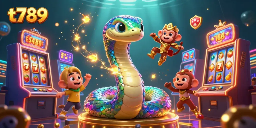Engage with the vibrant t789 gaming scene showcasing colorful slot machines and enchanting characters.