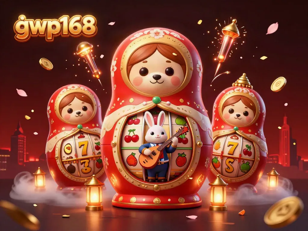 GWP168 menampilkan beruang Matryoshka 3D dengan dealer kasino dalam ilustrasi kasino yang meriah.