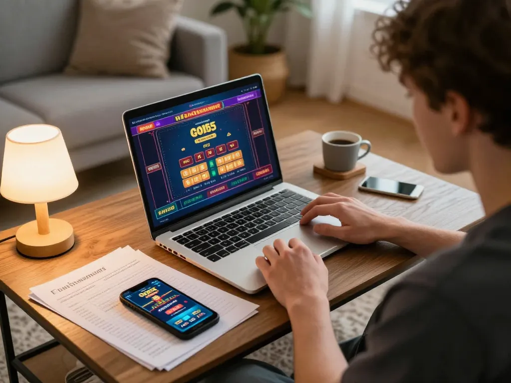 Engaged player on god55 enjoying online casino gaming at home with strategy notes and smartphone visible
