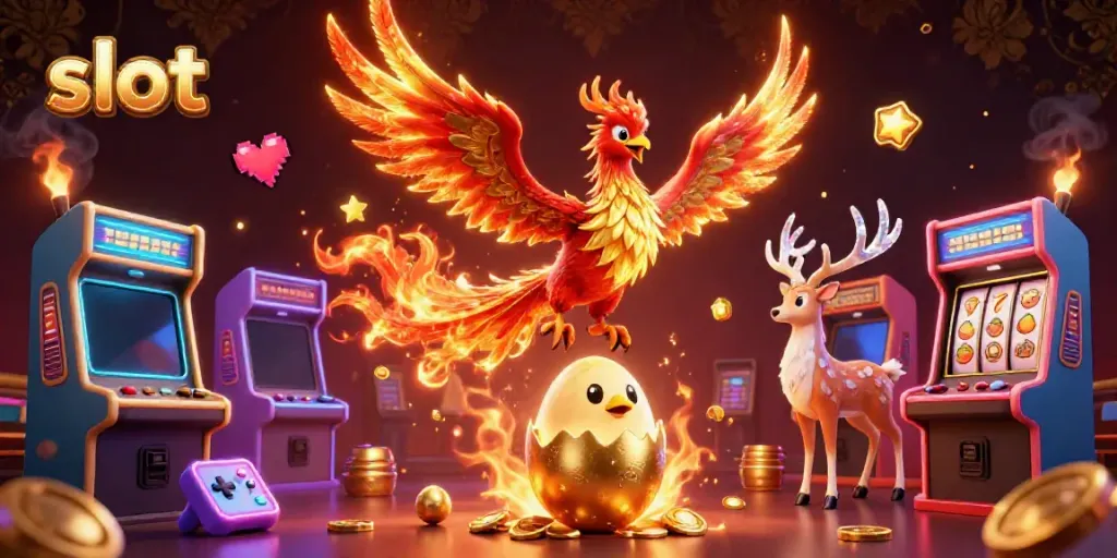 Spin the slot machine with vibrant phoenix and extraordinary gaming elements lighting up the scene.