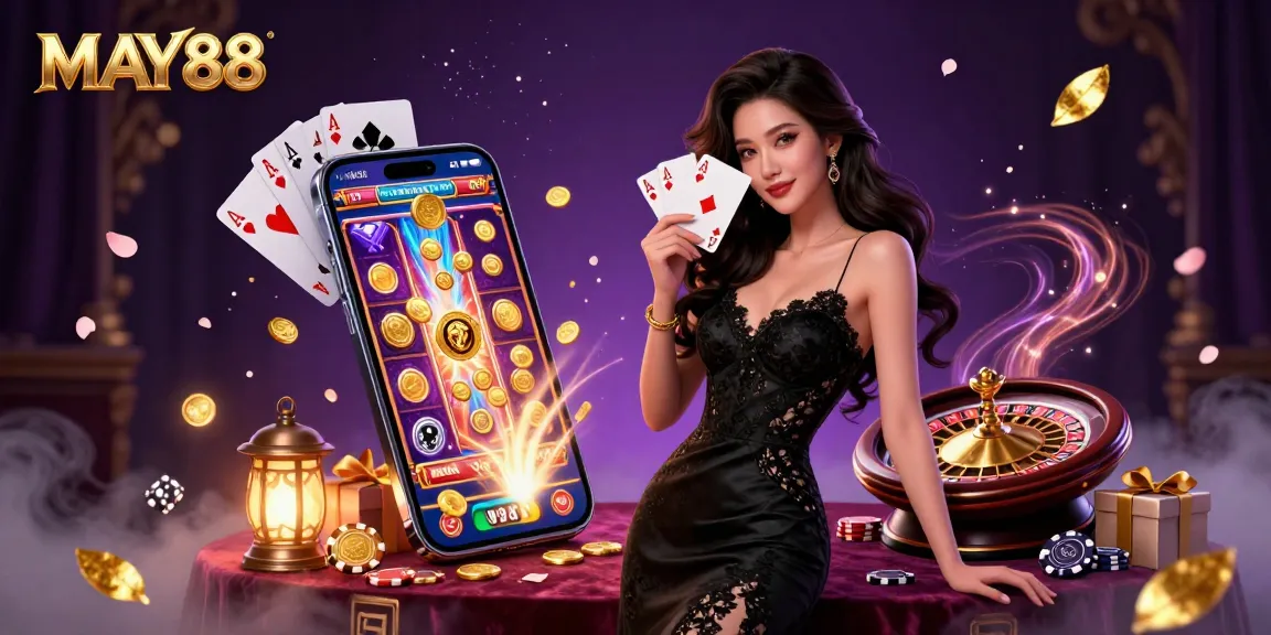 MAY88 showcases a luxurious casino scene with a graceful Asian woman holding playing cards, surrounded by vibrant game elements.