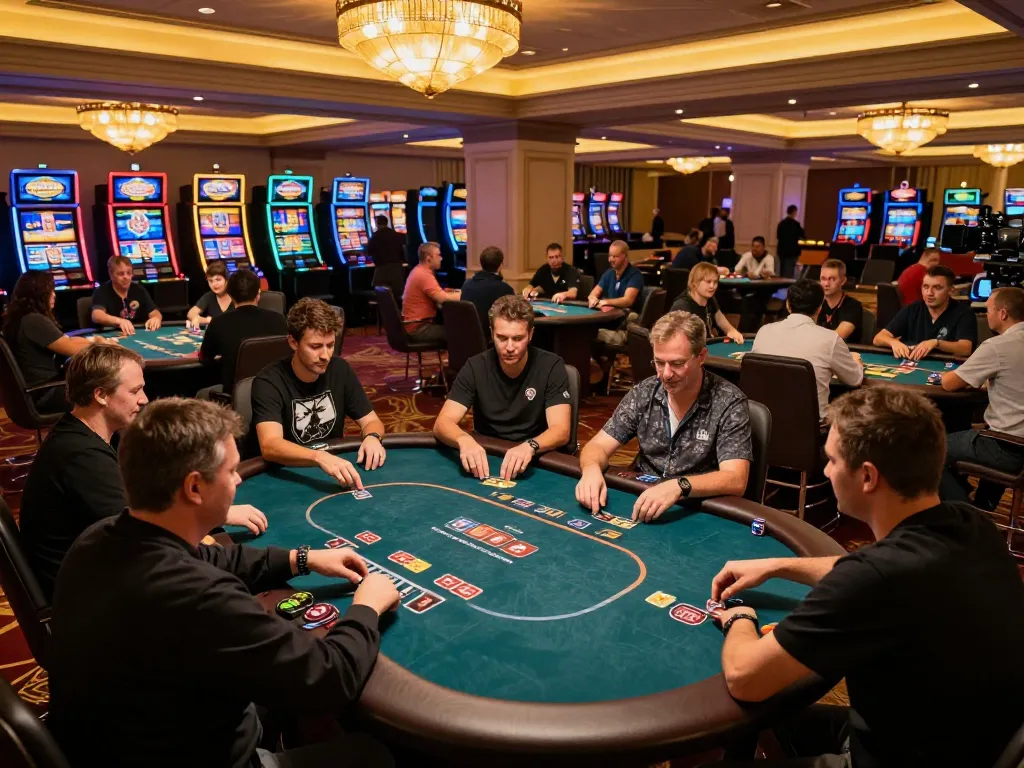 Engaging players at poker tables strategizing in a vibrant casino atmosphere while بحثن about ดูหนังใหม่.