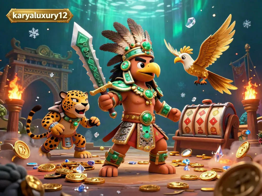 Experience the excitement of karyaluxury12 with dynamic slot reels and Aztec warriors in an intricate 3D scene.