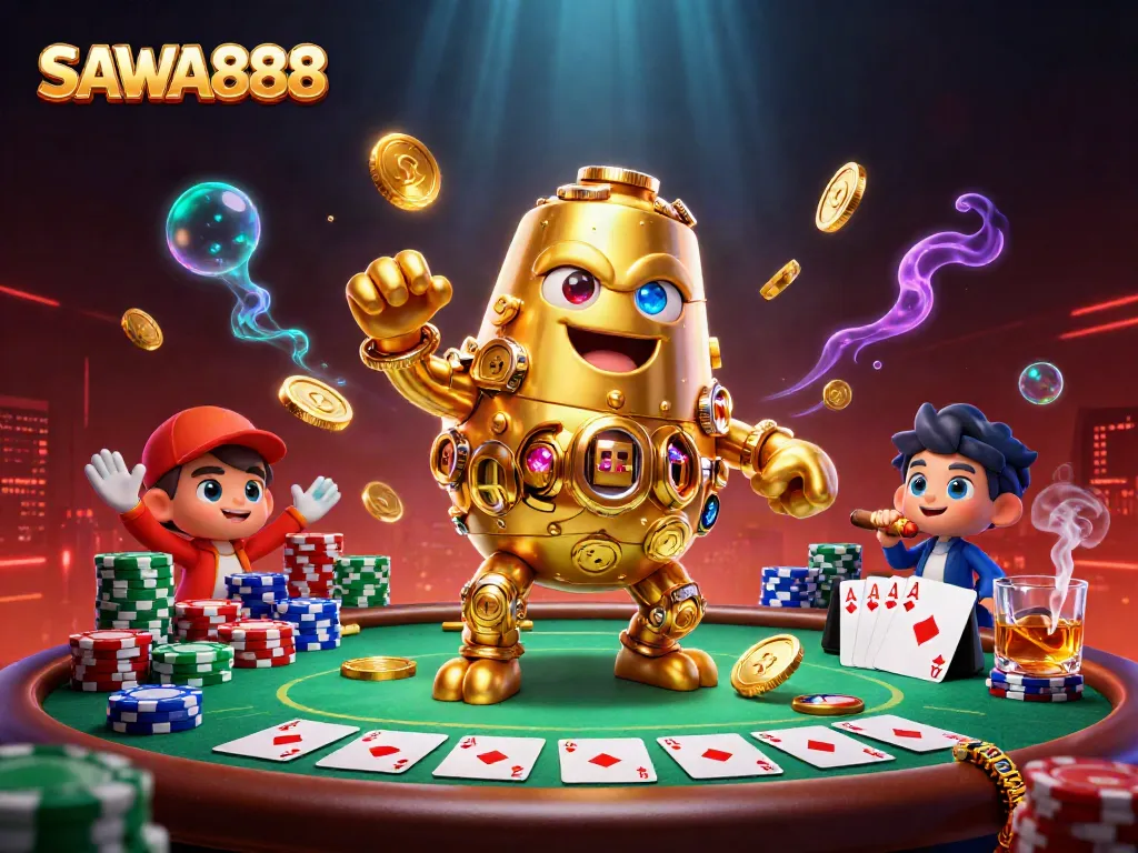 Experience thrilling gameplay with SAWA888's dazzling casino scene featuring poker tables and dynamic characters.