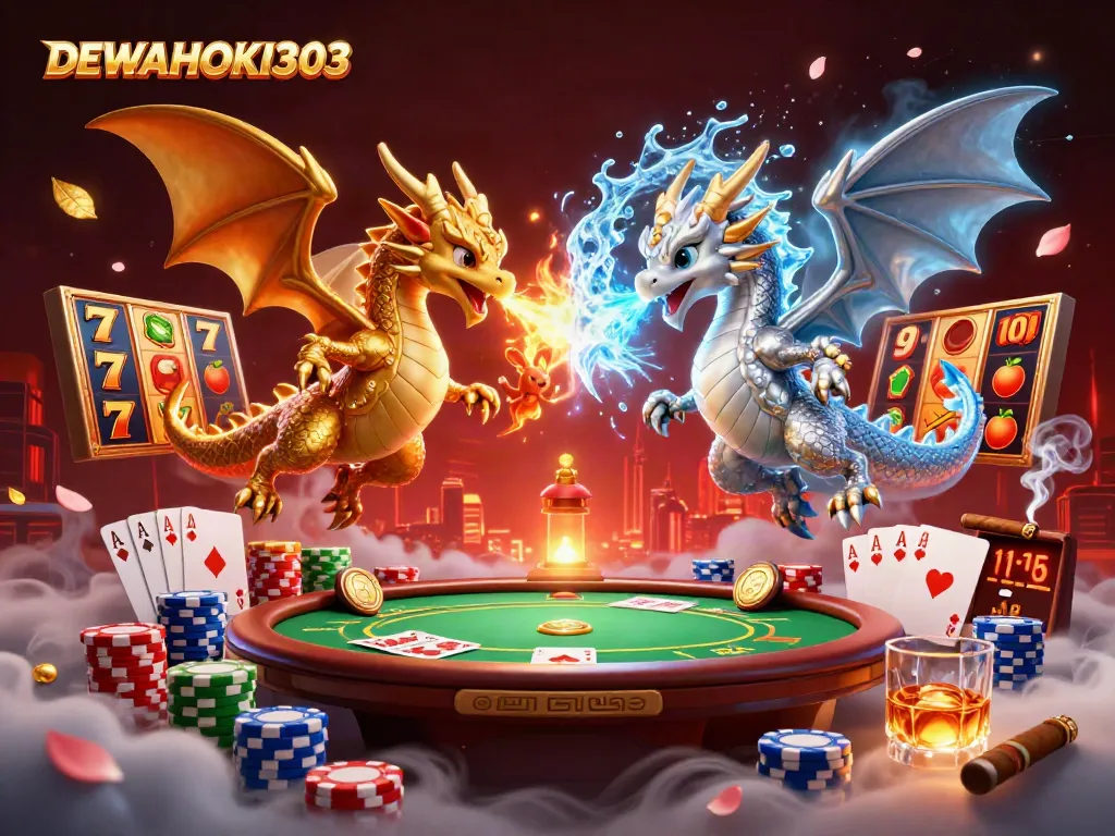 DEWAHOKI303 menampilkan jackpot slot dengan naga berwarna emas dan perak, penuh warna dan energi.
