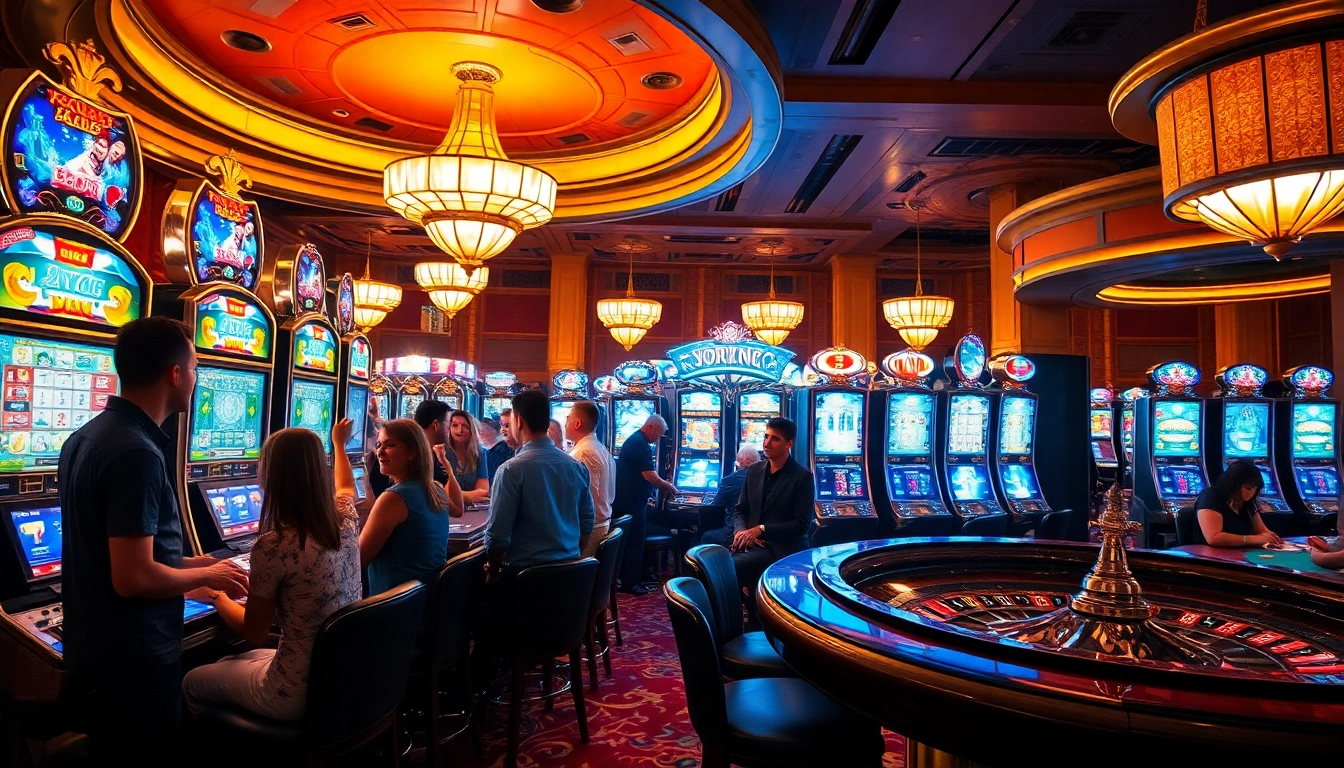 Experience the excitement of winning with slot gacor terpercaya at a vibrant casino with players engaging at slot machines.