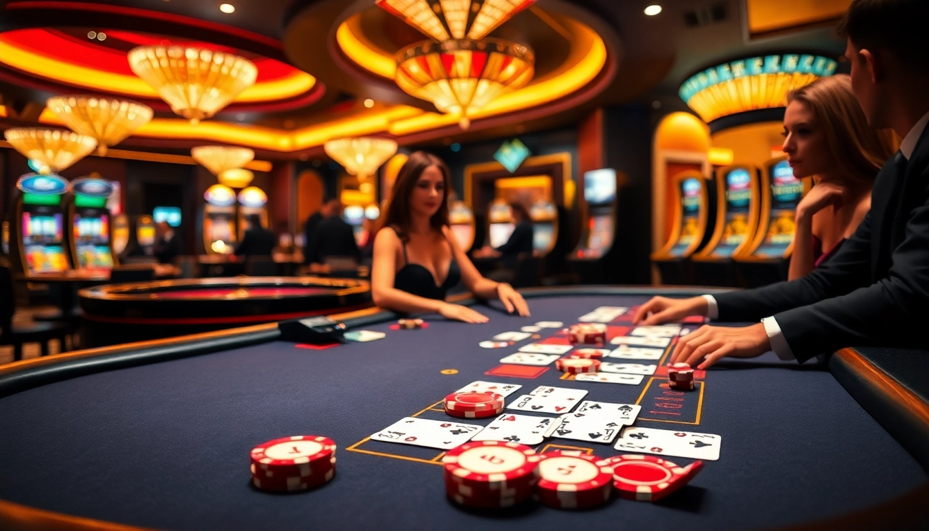 Players enjoy the excitement of blackjack at SODO66 casino, surrounded by vibrant lights and luxurious decor.