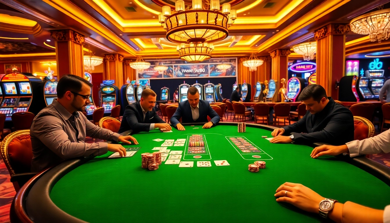 A high-stakes poker game at Man88 casino featuring players and vibrant decor.