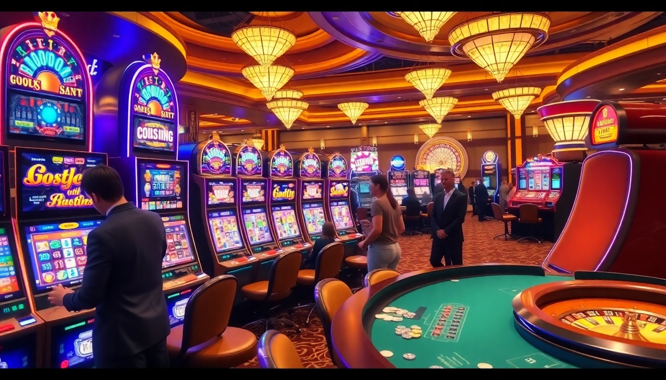 Players enjoying diverse slot machines in a vibrant casino atmosphere.