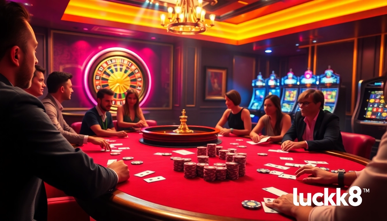 Experience the thrill of luck8 with vibrant casino action at a lively poker table.