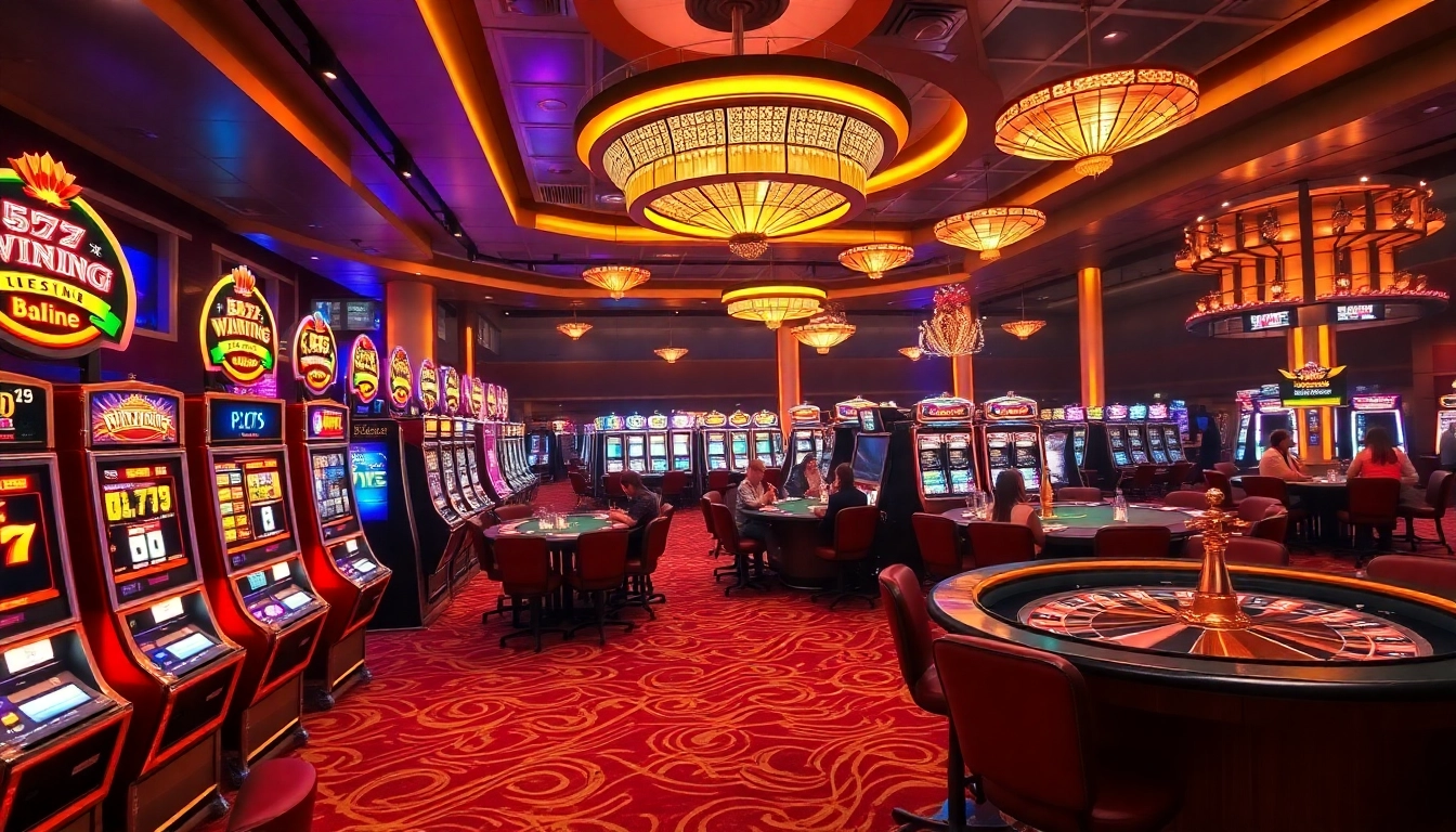 Experience the thrill of winning big at 555 win with dynamic casino gameplay, showcasing slot machines and poker tables.