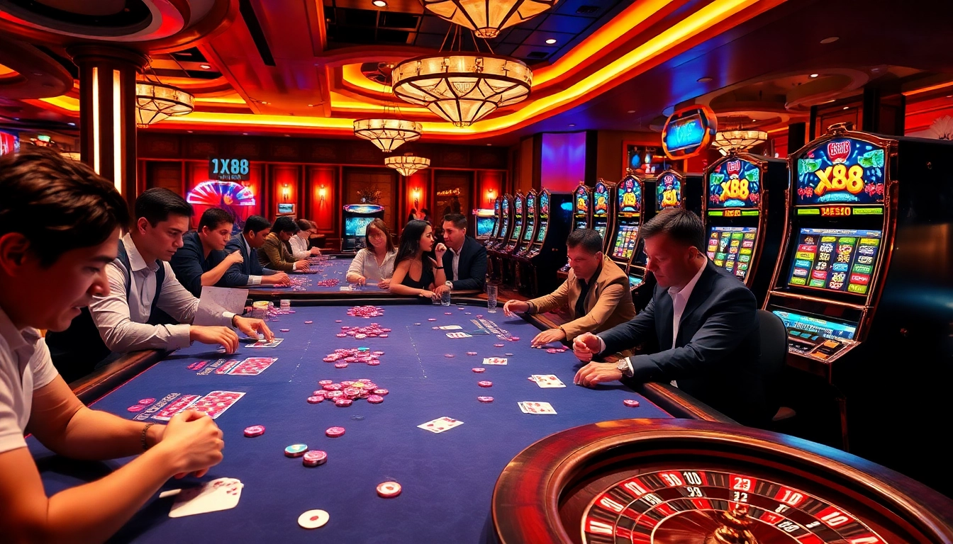 X88 casino experience featuring thrilling gaming tables with vibrant poker chips and cards.