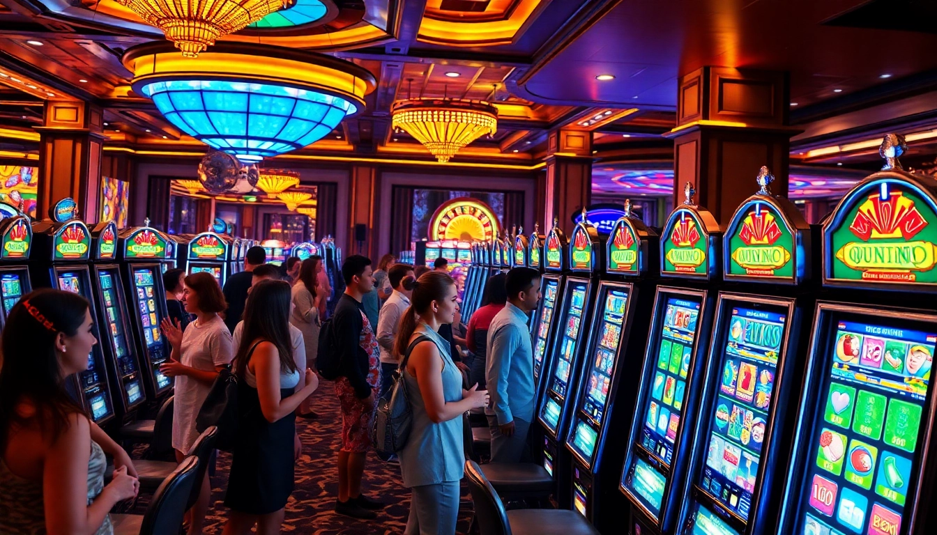 Players celebrating wins at colorful slot machines in a luxurious casino atmosphere.