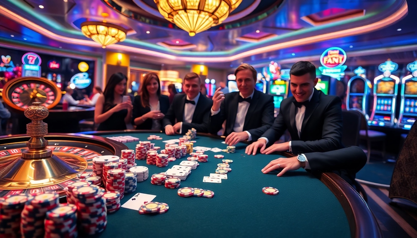 Players engaging in a high-stakes game at nhà cái 789club poker table, surrounded by vibrant casino atmosphere.