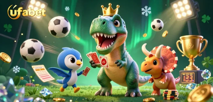 Experience engaging sports betting with ufabet, showcasing a T-Rex and friends amidst dynamic game elements.