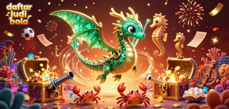 Engage in daftar judi bola with vibrant visuals of a sea dragon, treasure, and festive elements.