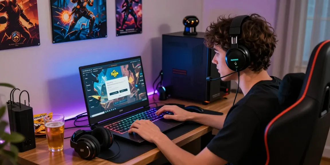 Raja Game login scene with a gamer at their laptop, vibrant accessories around.