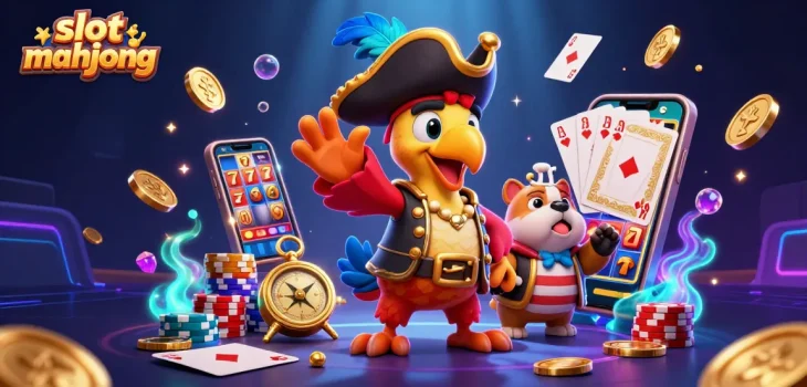 Engage in slot mahjong excitement, featuring colorful game characters and dynamic treasure elements.