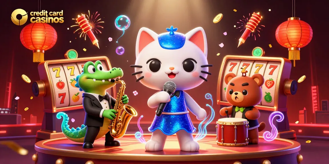 Experience the excitement of credit card casinos with a vibrant 3D illustration featuring musical characters in action.