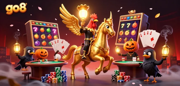 Go8 vibrant illustration depicts a golden rooster in an exciting casino setting with dynamic gaming elements.