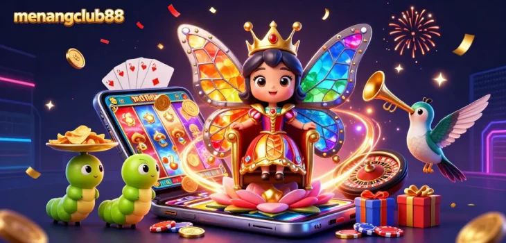 Engage with menangclub88 as the butterfly queen presides over a vibrant casino adventure surrounded by dynamic game elements.