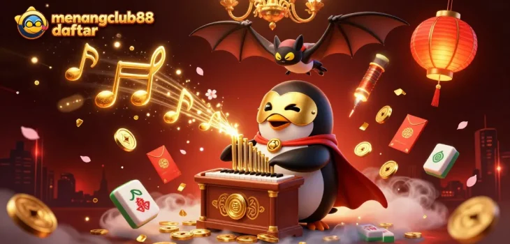 Engage in the excitement of menangclub88 daftar with a vibrant 3D casino scene featuring a penguin playing an organ.