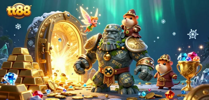 Navigate winnings with tt88's vibrant casino world, featuring a golem and knight amidst treasure.