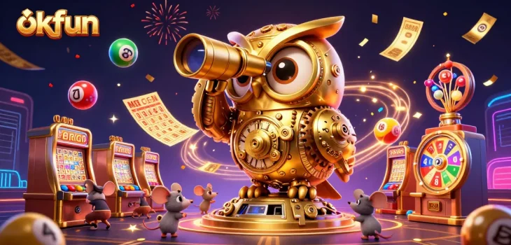 Engage with thrilling casino action at okfun featuring a dynamic 3D owl and vibrant game elements.