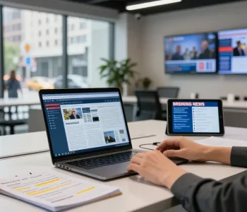A journalist at https://www.theindaily.com covers breaking news in a lively editorial office, showcasing modern tools and vibrant city views.