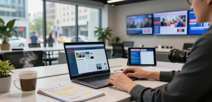 A journalist at https://www.theindaily.com covers breaking news in a lively editorial office, showcasing modern tools and vibrant city views.