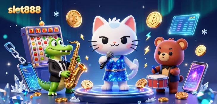 Permainan slot888 yang menarik dengan kucing penyanyi jazz dan karakter lainnya di panggung kasino.