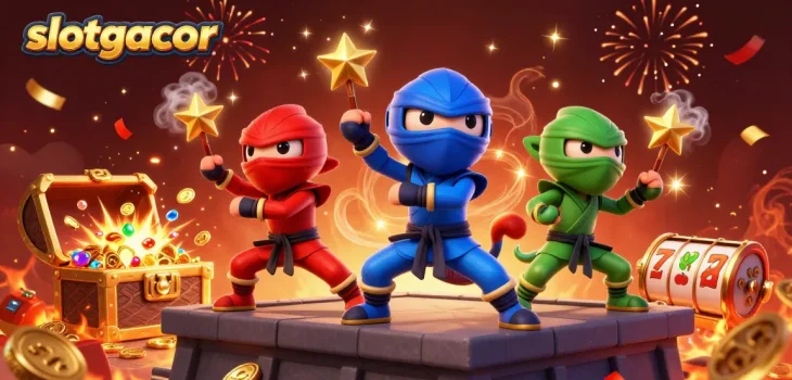 Engage with slotgacor through thrilling ninja chameleons celebrating a jackpot victory in a vibrant casino scene.