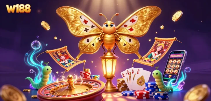 Experience the thrill of online gaming with w188's vibrant casino scene featuring an atlas moth and golden treasures.